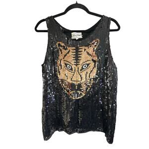 Vintage Chanson D'Amour Silk Sequin Tiger Sleeveless Top Animal Graphic Glam S